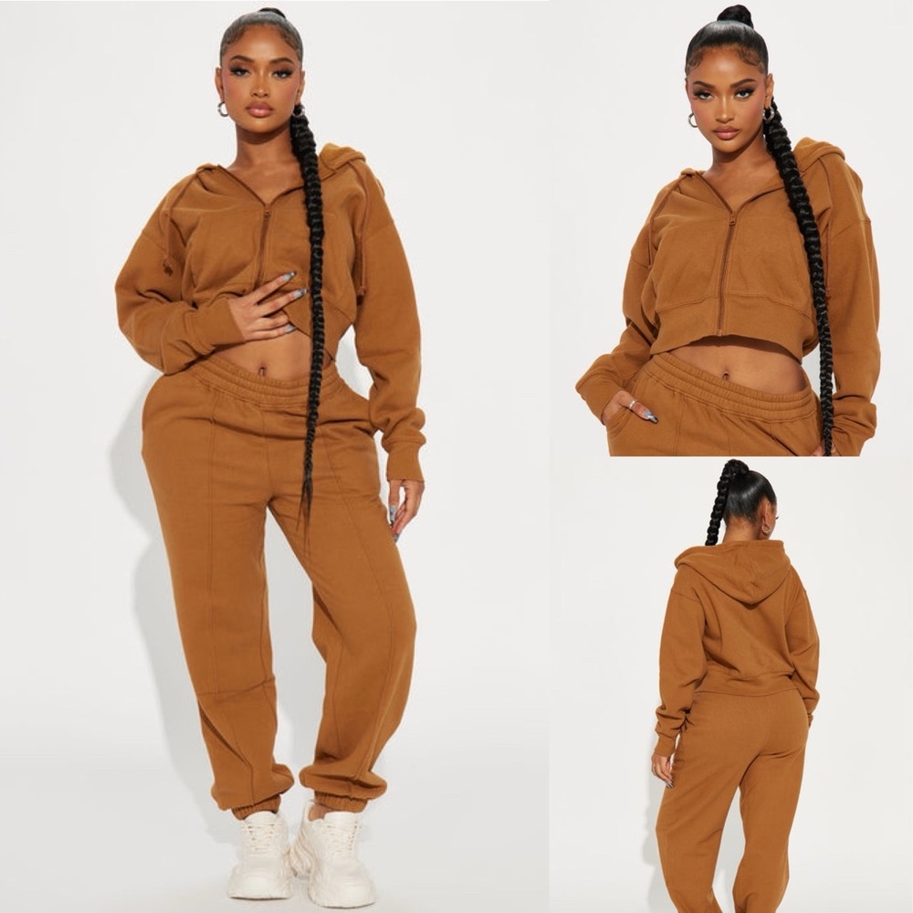 Fashion Nova Staying In Sweatsuit Jogger Sweatpants Hoodie Set Size Large Cognac